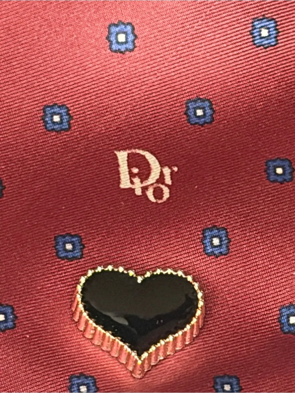 Dior Burgundy Silk Heart-Accent Scarf Necklace with Blue Dot Motif